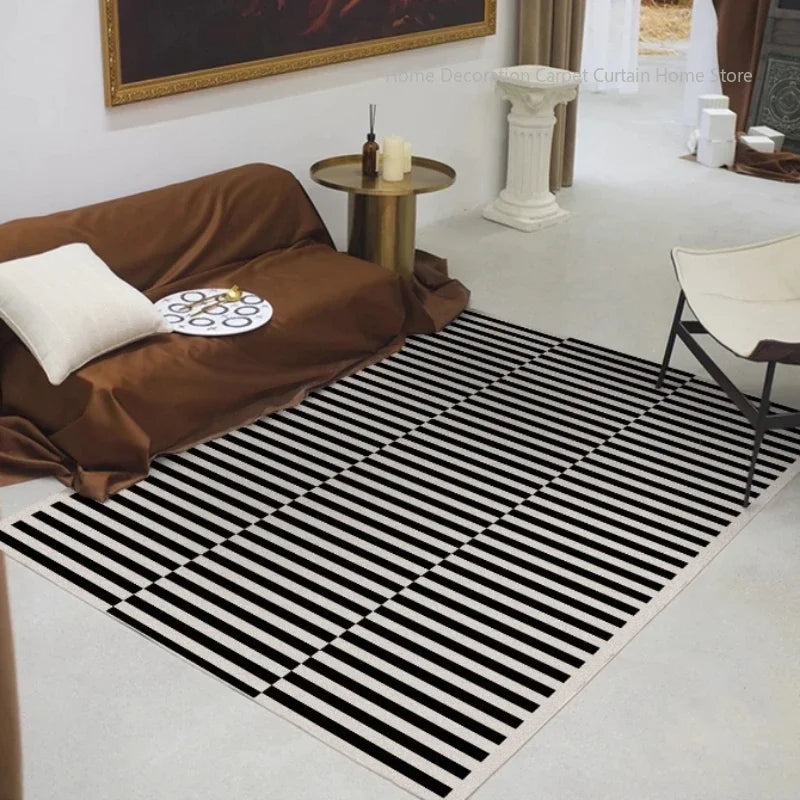 Nordic Black Stripe Area Rug for Living Room Bedroom Minimalist Design Plush Non-Slip Floor Mat