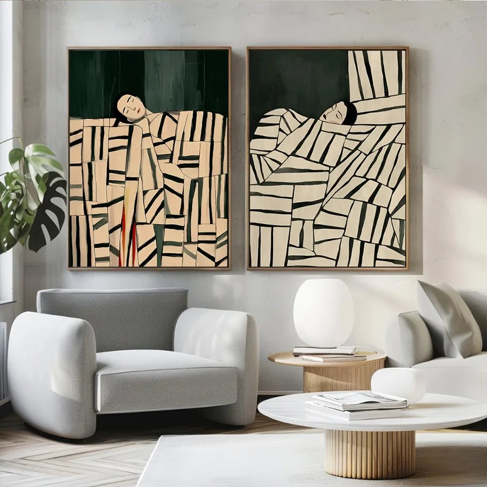 2 Pieces of Frameless Abstract Figure Art Mid-century Modern Minimalist Canvas Printing, Living Room, Bedroom Wall Decoration