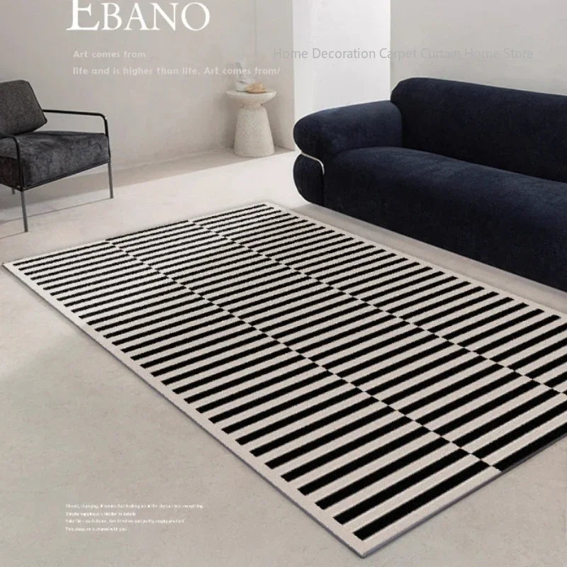 Nordic Black Stripe Area Rug for Living Room Bedroom Minimalist Design Plush Non-Slip Floor Mat