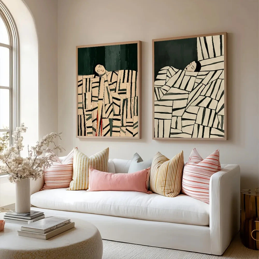 2 Pieces of Frameless Abstract Figure Art Mid-century Modern Minimalist Canvas Printing, Living Room, Bedroom Wall Decoration