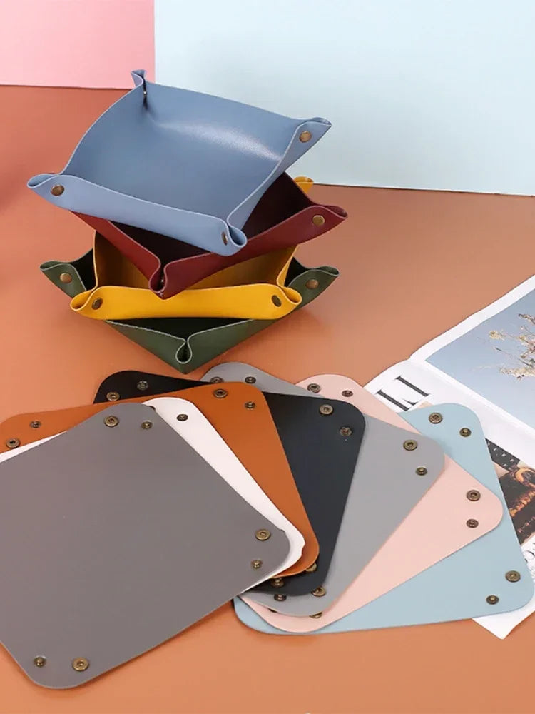 1 Pc Nordic Style Leather Storage Tray Desktop Organizer For Key Jewelry Cosmetic Storage Box Folding Organizer Home Decoration